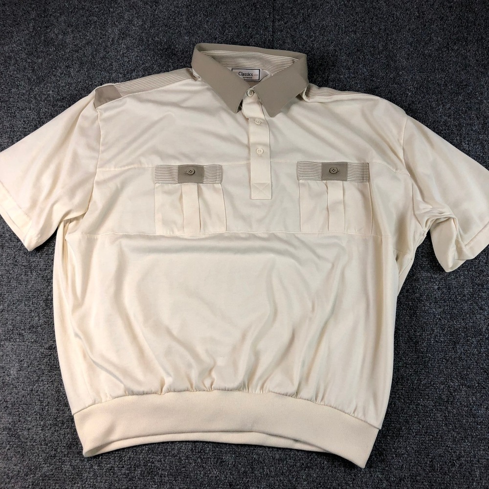 Classics by Palmland Beige Polo Shirt Mens XL Short Sleeve Button Up Striped